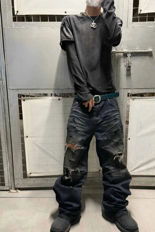 Double Layer Distressed Crinkled LS T-shirt