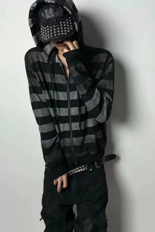 Gradient Striped Dirt Splatter Distressed Zip Hoodie