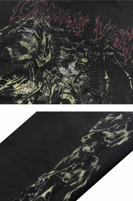 Green Demon Rune Seam Print Enzyme Washed Hoodie