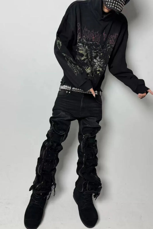Green Demon Rune Seam Print Enzyme Washed Hoodie