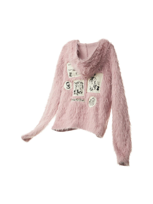 Fluffy Embroidered Hooded Knit Sweater