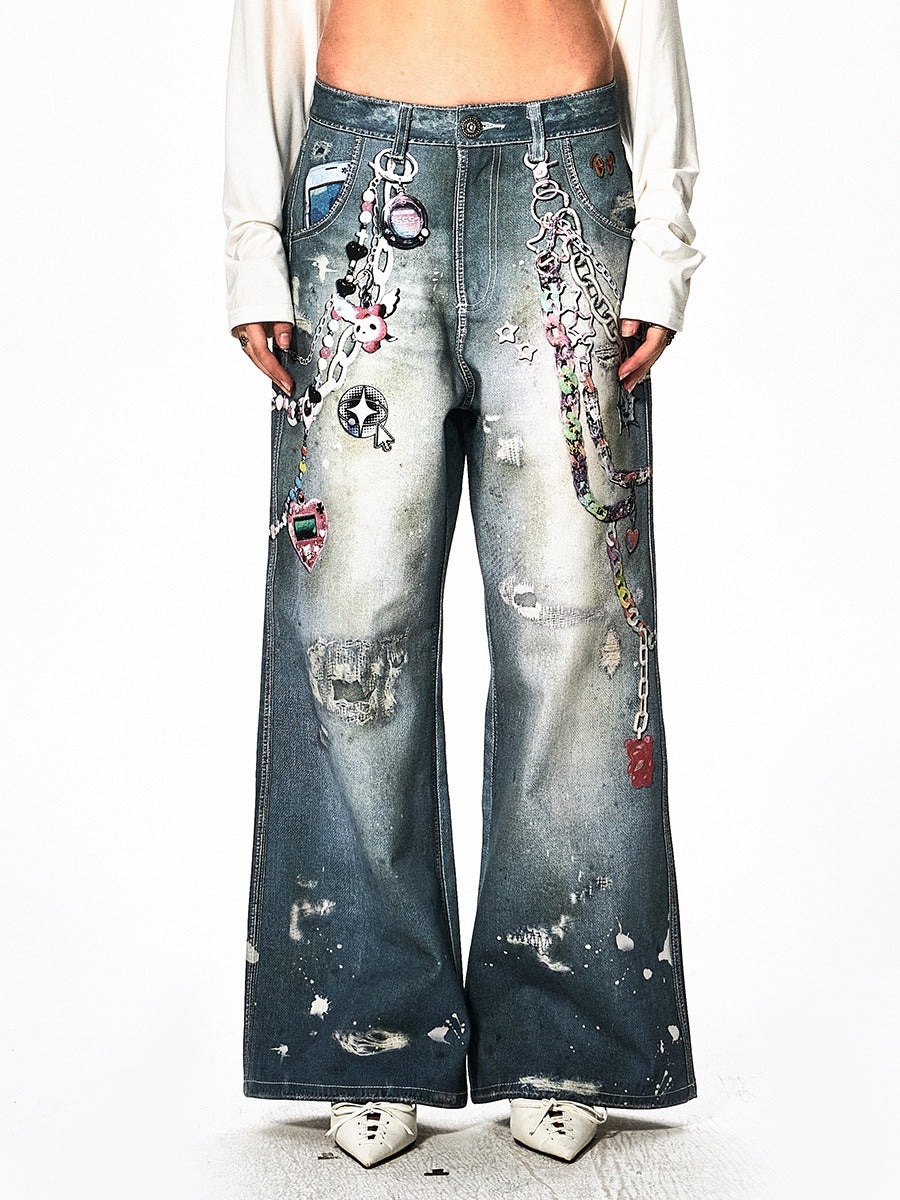DND4DES × Faychui y2k print buggy denim DND4DES×Faychui Distressed Gem&Lace Jeans