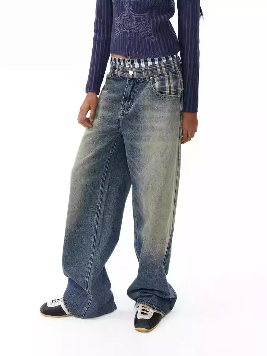 CONP Checked Denim Jumpsuit Retro Wash Baggy Wide Damage Jeans