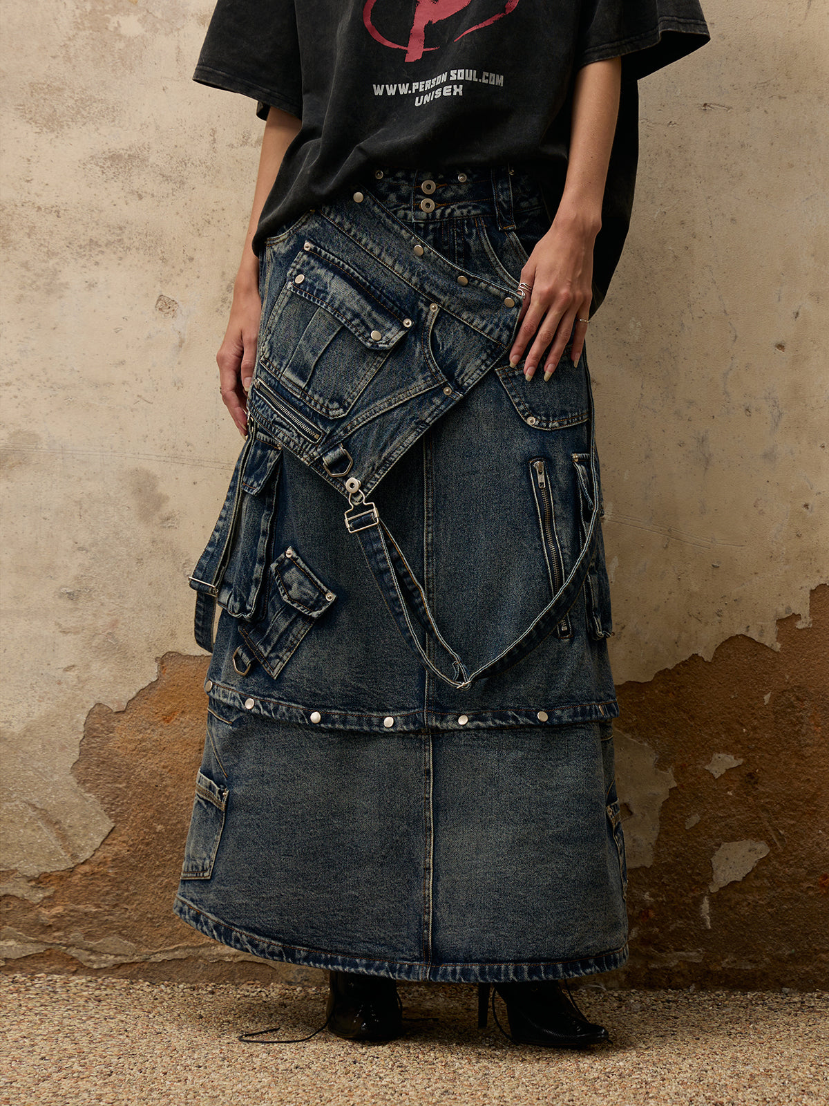 PERSONSOUL グレー デニムスカート xs PERSONSOUL Personsoul Maxi Denim Dungarees Skirt デニム