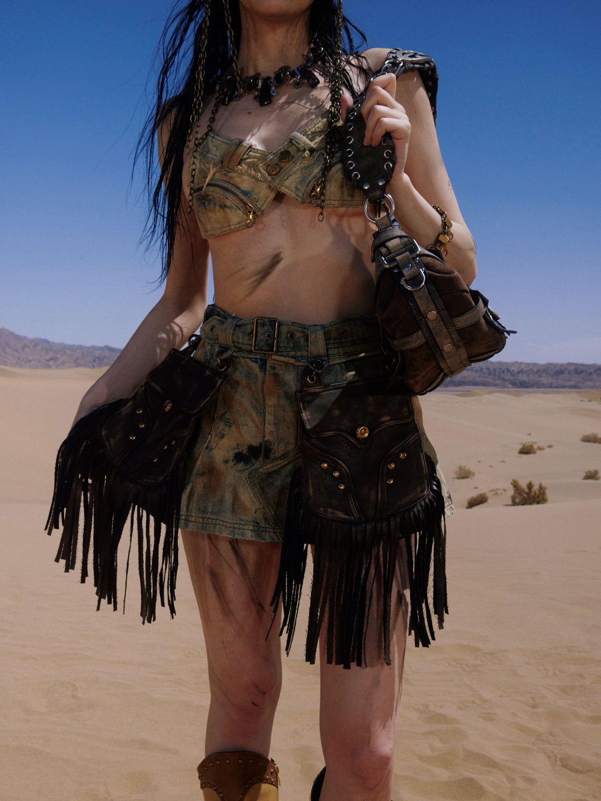 PERSONSOUL Personsoul Detachable Leather Denim Mini Skirt