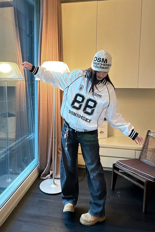 DONSMOKE Glossy Contrast Graphic Varsity Jacket