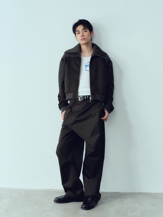 KADAKADA Rib-Spliced Stand-Collar Cropped Jacket