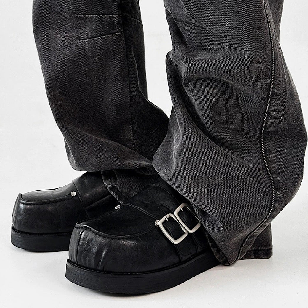 Double belt design slip-on style black shoes