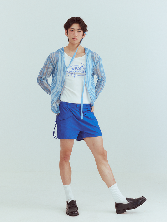 KADAKADA Striped Open-Knit Deep V Hooded Sweater