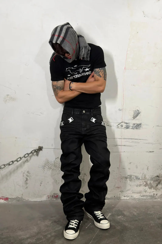 Metal Buckle Waxed Skinny Jeans
