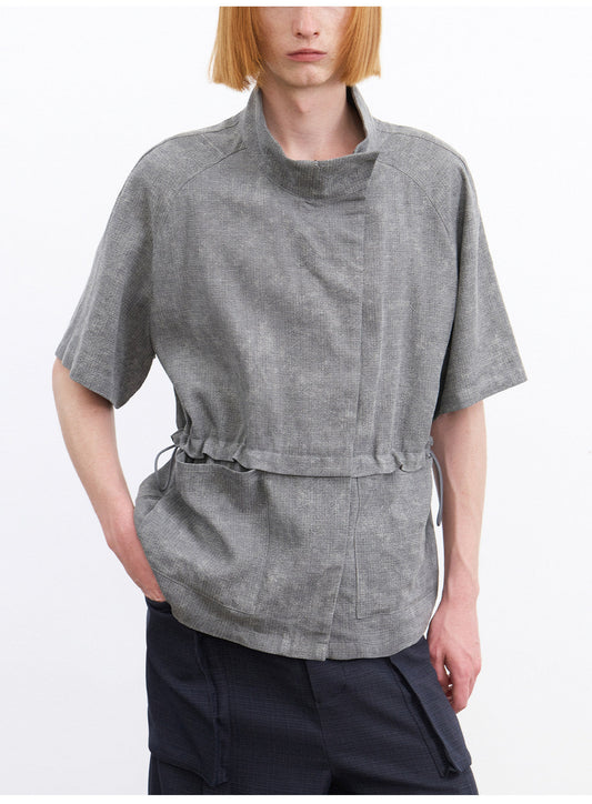 Shirt with a Slanted Collar and Fitted Waist