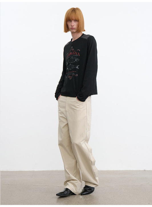 Patchwork Henley-Neck Vintage Print T-Shirt