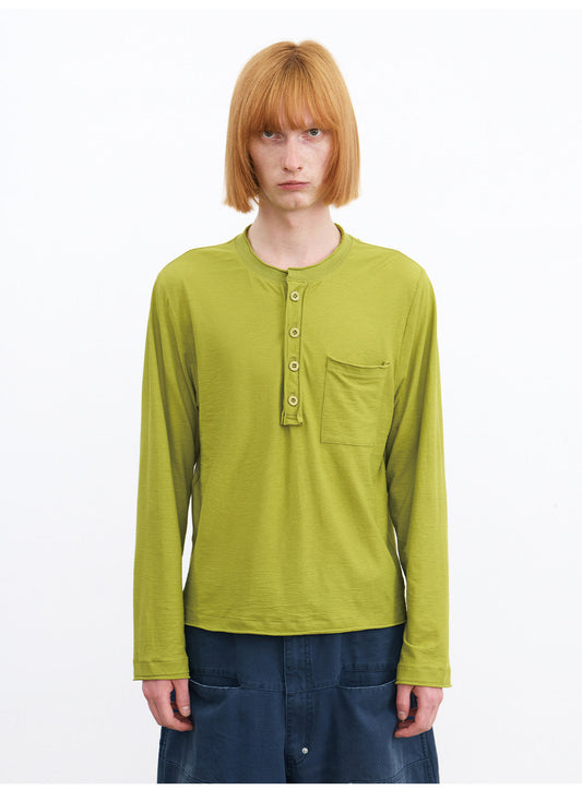Henry-Collar T-Shirt with Front Pocket Design