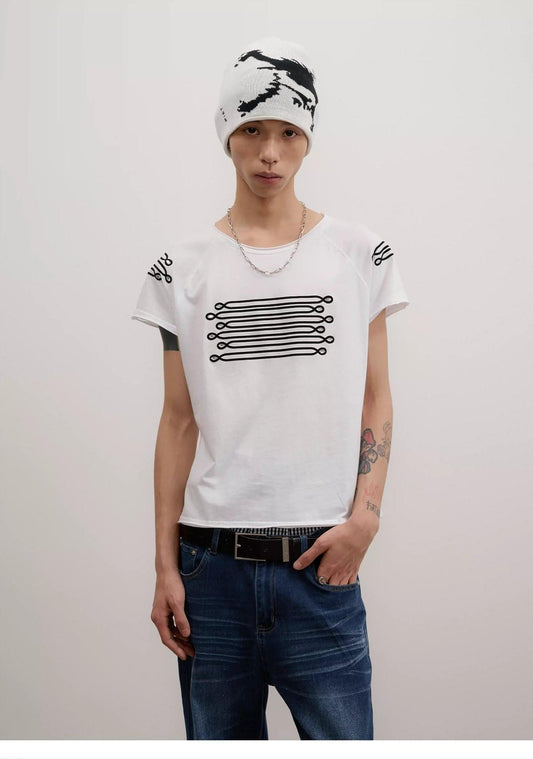 Flocked Embroidery Pattern Raglan T-Shirt