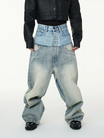 Double Waist Patchwork Fake Layered Fringe Damage Baggy Denim Jeans