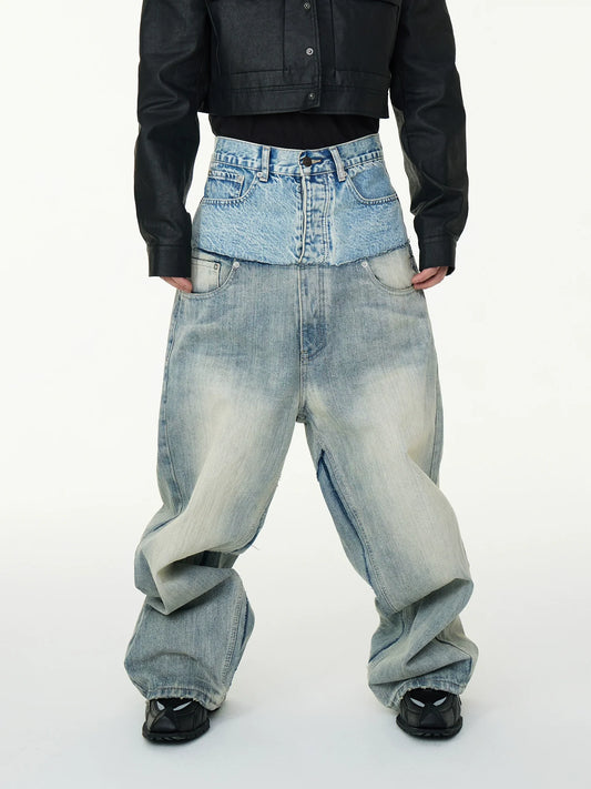 Double Waist Patchwork Fake Layered Fringe Damage Baggy Denim Jeans