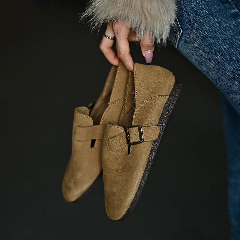 Tan Buckle Leather Loafers