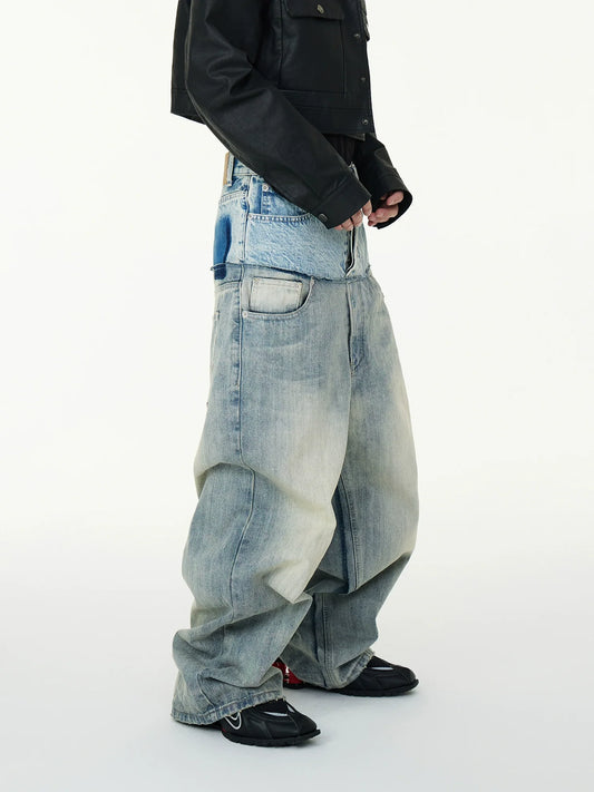 Double Waist Patchwork Fake Layered Fringe Damage Baggy Denim Jeans
