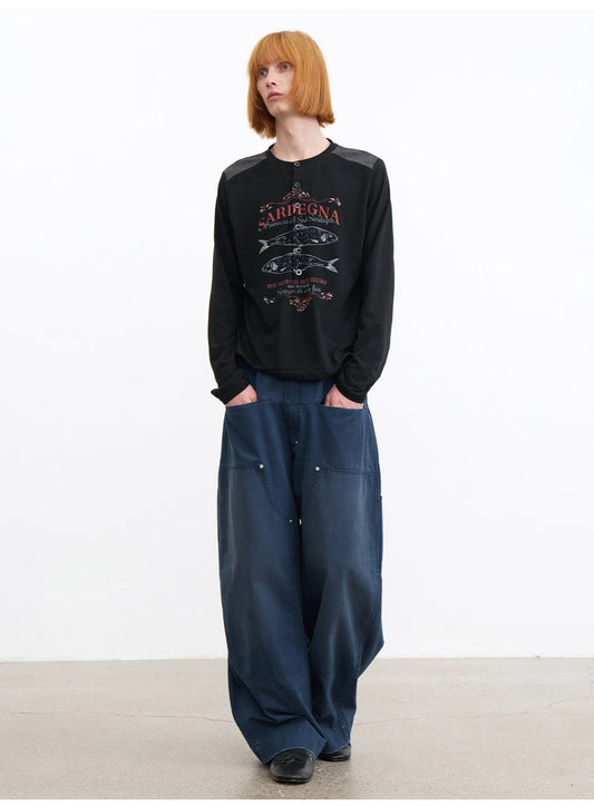 Patchwork Henley-Neck Vintage Print T-Shirt