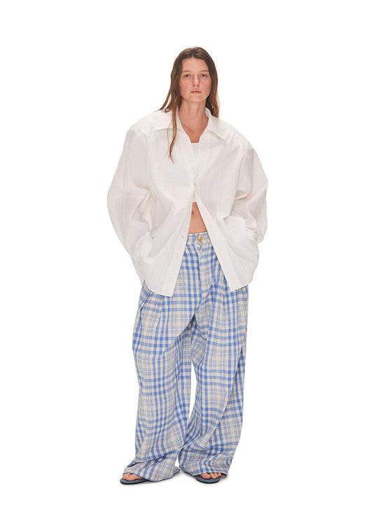 Blue Checkered Pleated Casual Pants