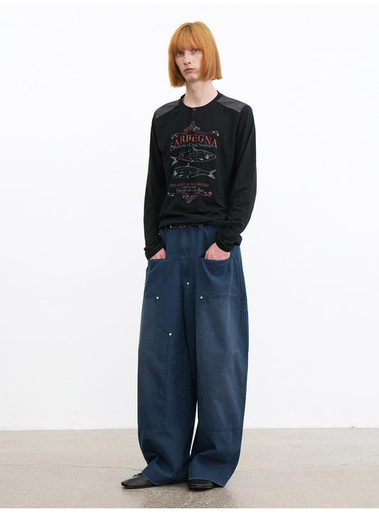 Patchwork Henley-Neck Vintage Print T-Shirt