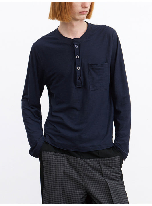 Henry-Collar T-Shirt with Front Pocket Design