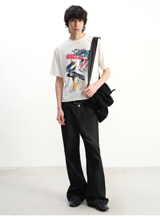 Double-Waist Raw Denim Pants
