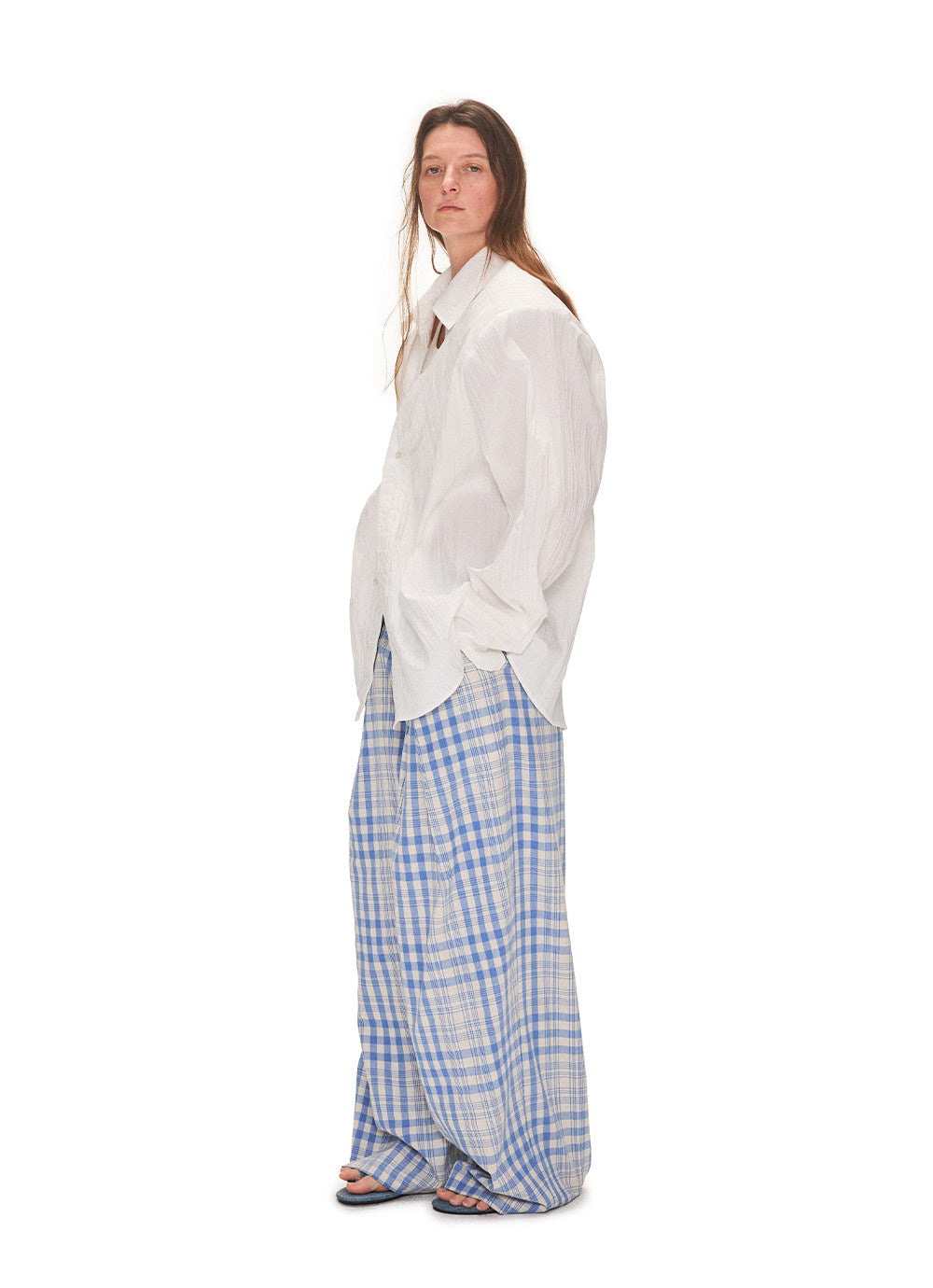 Blue Checkered Pleated Casual Pants