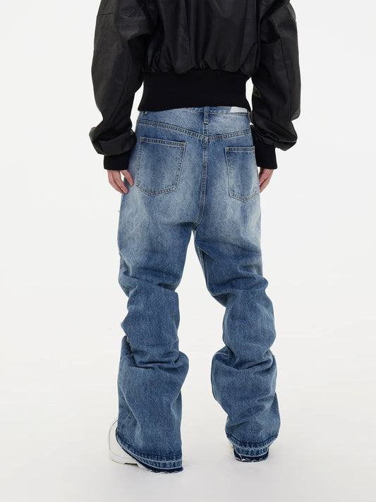 Ripped Damage Fringe Raw Hem Stacked Micro Flare Denim Jeans