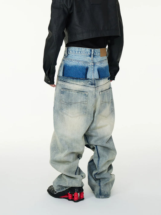 Double Waist Patchwork Fake Layered Fringe Damage Baggy Denim Jeans