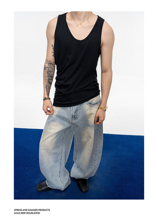 Wash-Finish Wide-Leg Casual Jeans
