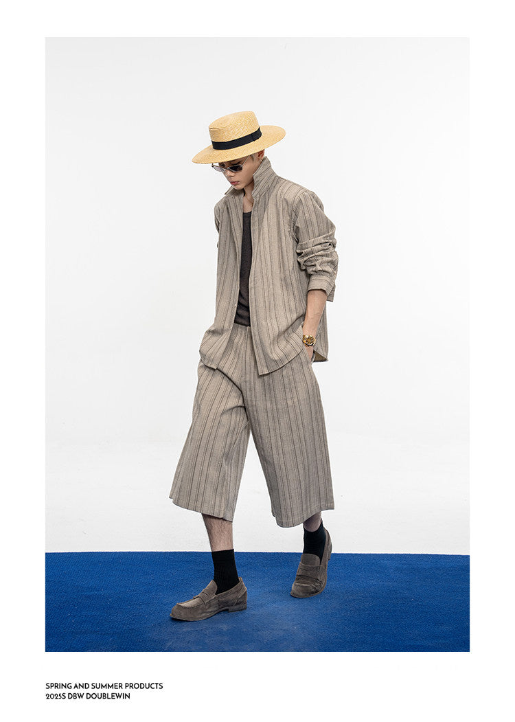 Drape-style Vertical Stripe Shirt Set