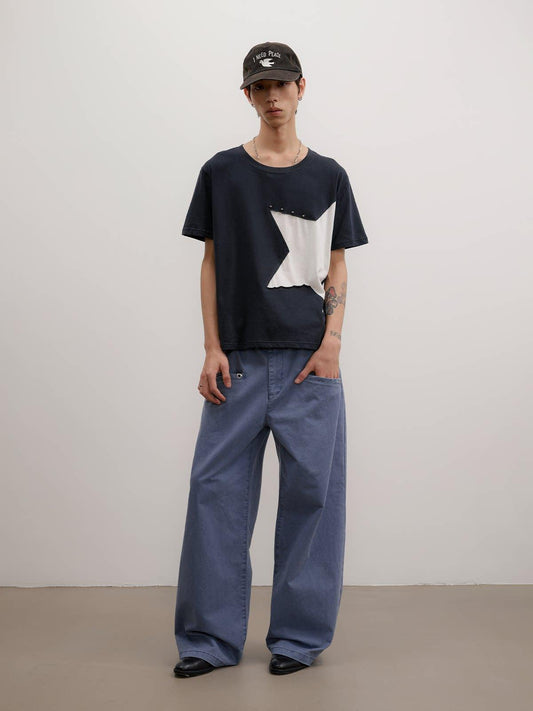 Faded Eyelet Pockets Straight Pants