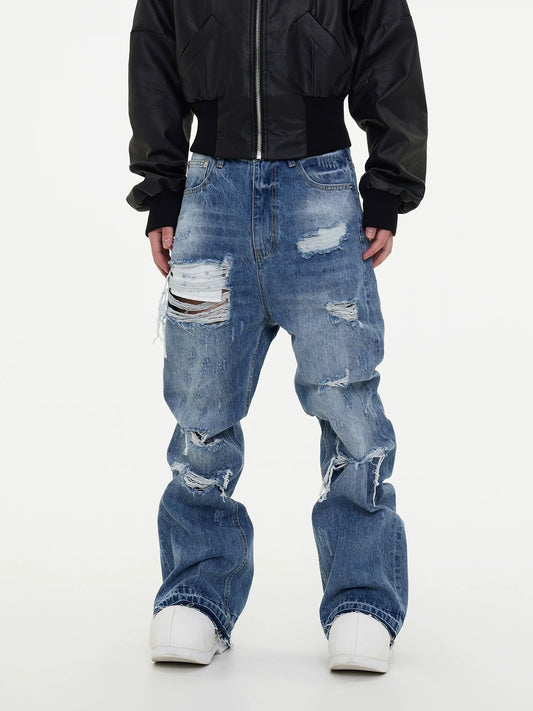 Ripped Damage Fringe Raw Hem Stacked Micro Flare Denim Jeans