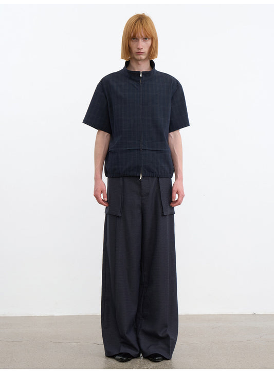 Dark Check Pattern Zipper Shirt