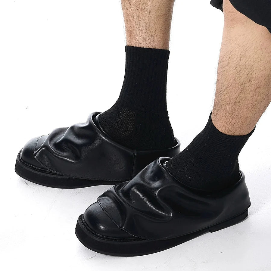 Wrinkled Chunky Sole Leather Mule Shoes