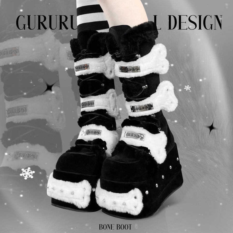 Y2K Rivet Fake Fur Platform Long Boots