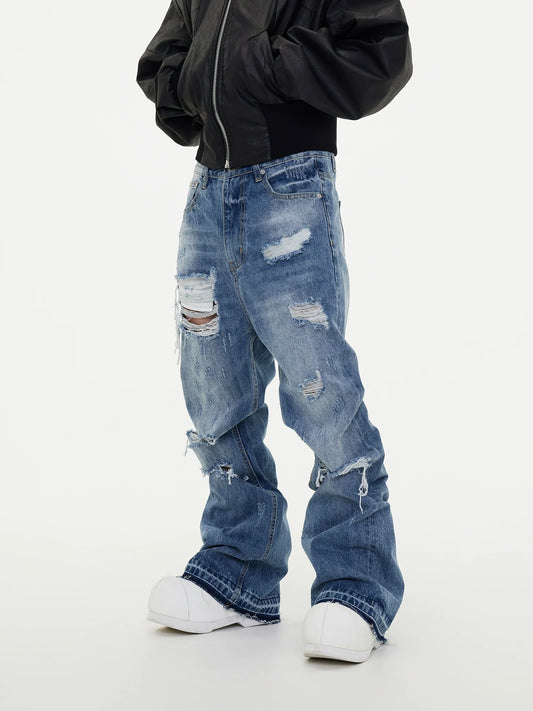 Ripped Damage Fringe Raw Hem Stacked Micro Flare Denim Jeans