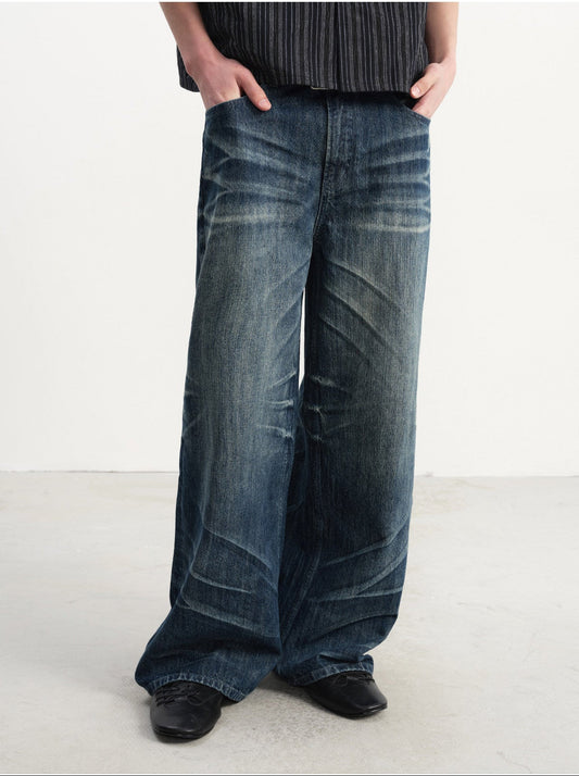 3D Pleated Washed Denim Pants