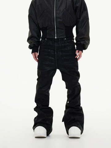 Waxed Coating Strap Detail Flare Denim Jeans
