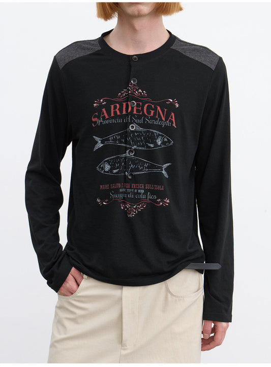 Patchwork Henley-Neck Vintage Print T-Shirt