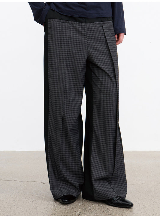 Checkered Color-Blocked Loose-Fit Casual Pants