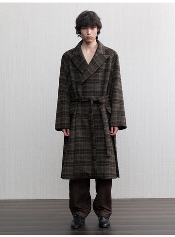 Long Wool Coat with a Check Pattern