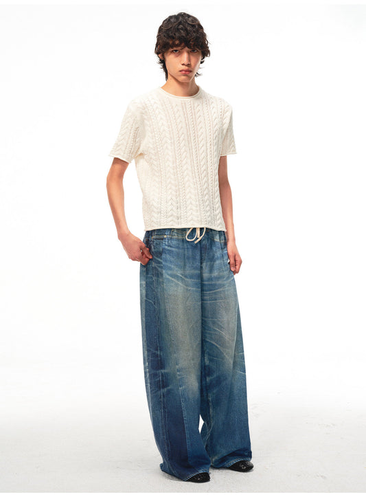 Digital Print Imitation Denim Linen Casual Pants