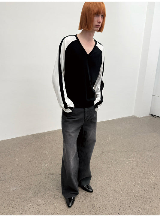 Dark-Striped Washed Denim Pants