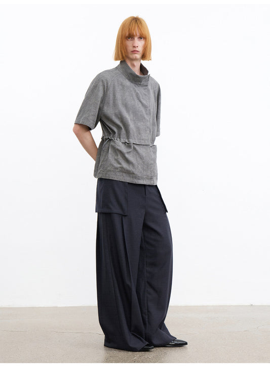 Shirt with a Slanted Collar and Fitted Waist
