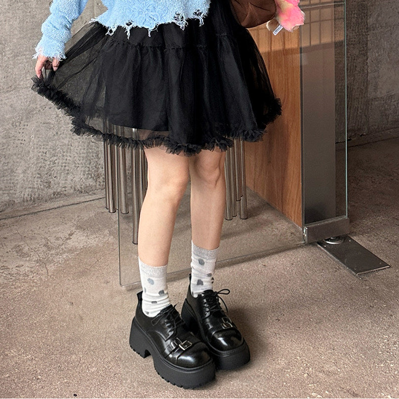 Metal Buckle Platform Round Toe Lace-Up Heeled Shoes