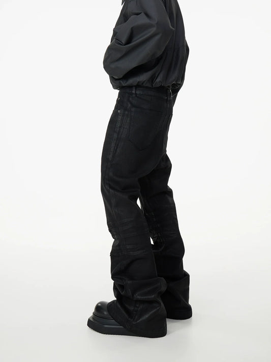 Coated Creased Texture Flare Denim Jeans