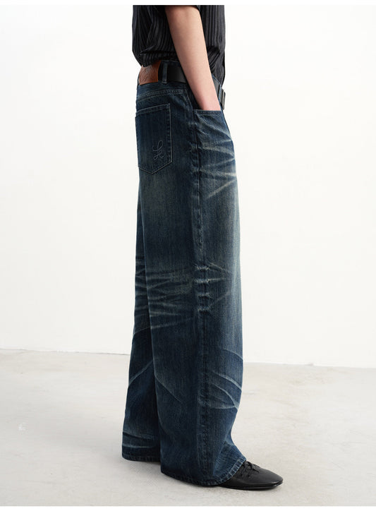 3D Pleated Washed Denim Pants