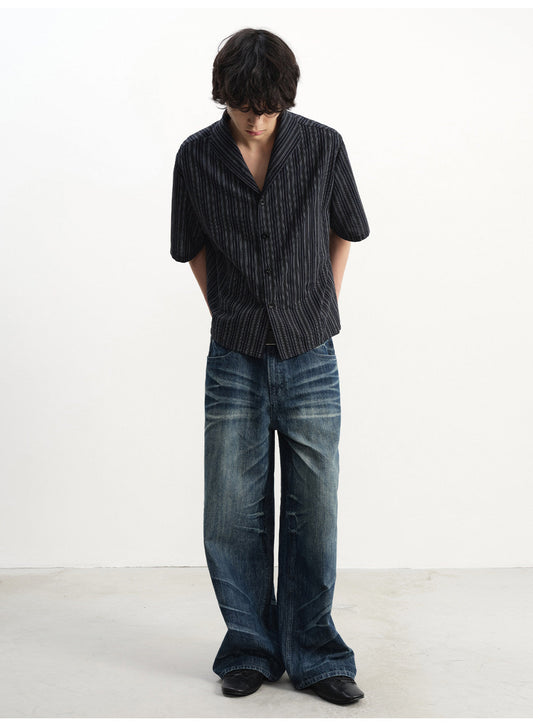 3D Pleated Washed Denim Pants